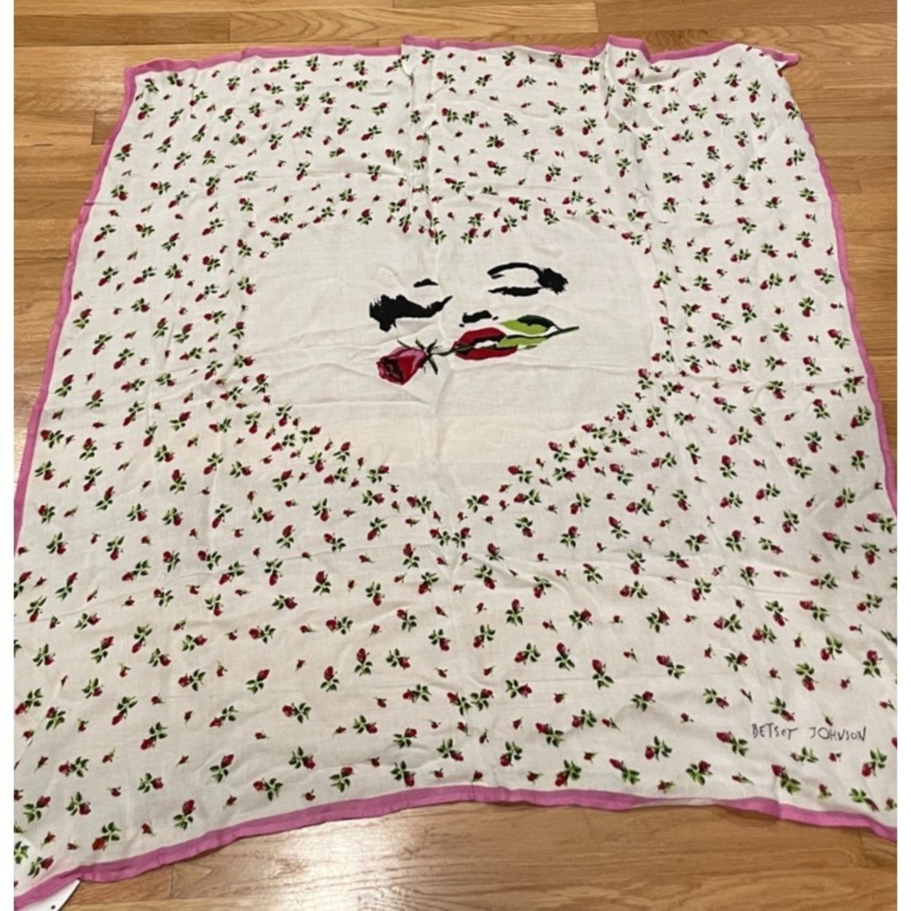 Vintage Betsey Johnson Scarf Rose Floral Face Sheer White Large 42"x37" Y2K New